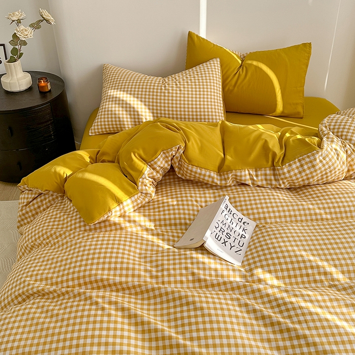 91家纺网 家纺一手货源 找家纺 家贝爱 2024新款简约轻奢水洗棉四件套 黄小格