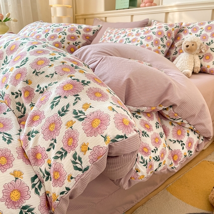 梦之岛 2024新款A类母婴级泡泡棉皱皱纱碎花四件套 浅汐