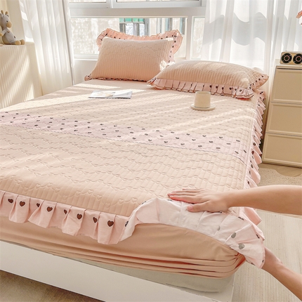宜凡家纺 2024新品全棉夹棉花边床笠三件套-心情 心情 暖杏