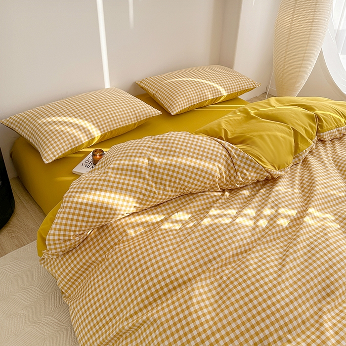 91家纺网 家纺一手货源 找家纺 家贝爱 2024新款简约轻奢水洗棉四件套 黄小格