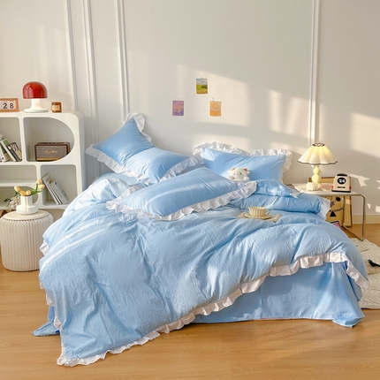 91家纺网 家纺一手货源 找家纺 啊雅家居 2025新款轻奢韩式花边款华夫格四件套 花边款  梦幻兰