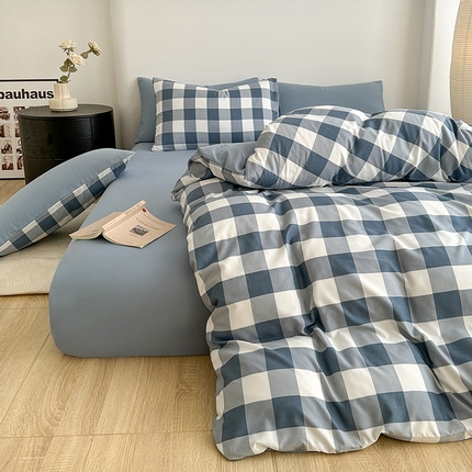 家贝爱 2024新款简约轻奢水洗棉四件套 蓝中格