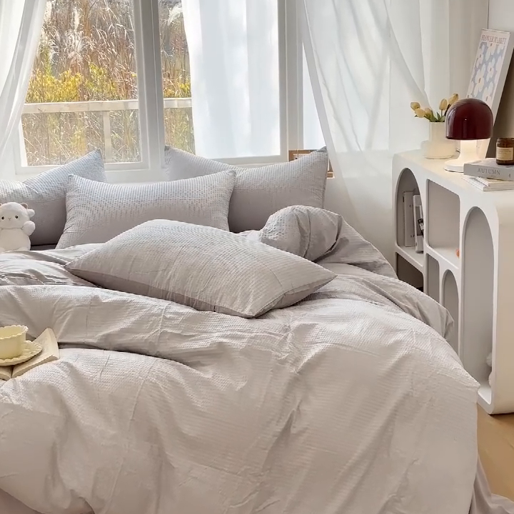 91家纺网 家纺一手货源 找家纺 啊雅家居 2025新款轻奢韩式无边款华夫格四件套 无边款-梦幻灰