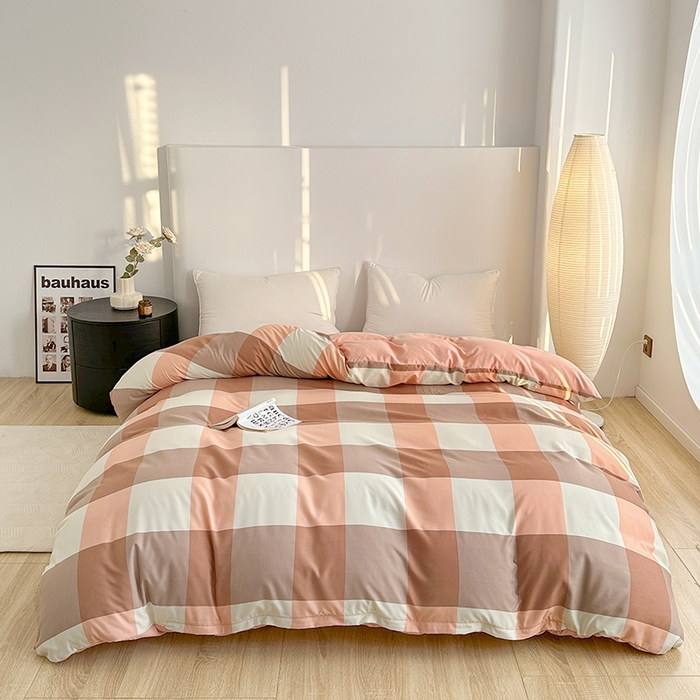 91家纺网 家纺一手货源 找家纺 家贝爱 2024新款简约轻奢水洗棉四件套 粉玉大格