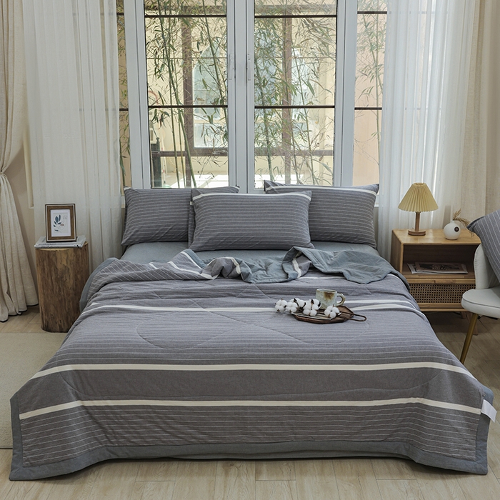 91家纺网 家纺一手货源 找家纺 柠萌 新款全棉色织水洗棉棉花夏被四件套里外全棉夏凉被 宽双线冷灰
