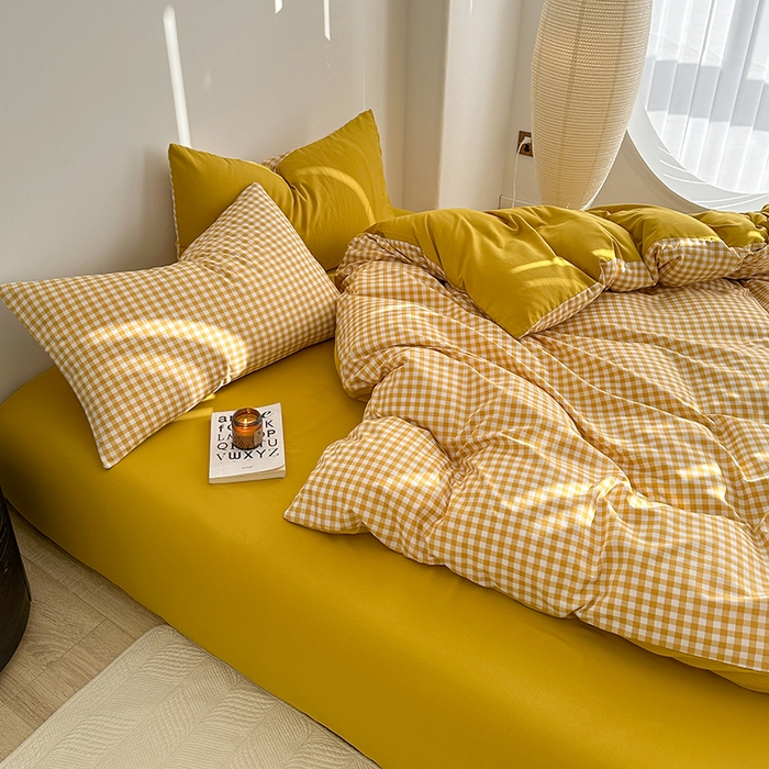 91家纺网 家纺一手货源 找家纺 家贝爱 2024新款简约轻奢水洗棉四件套 黄小格