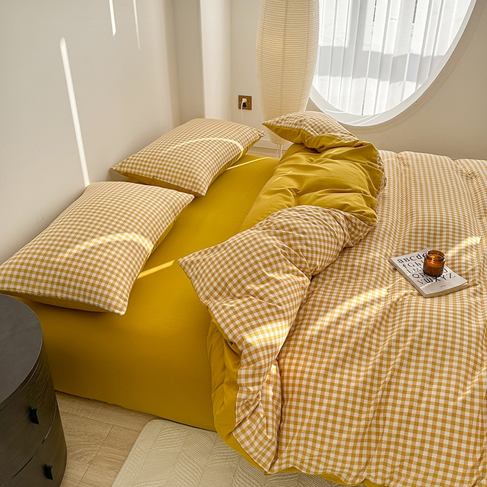 91家纺网 家纺一手货源 找家纺 家贝爱 2024新款简约轻奢水洗棉四件套 黄小格