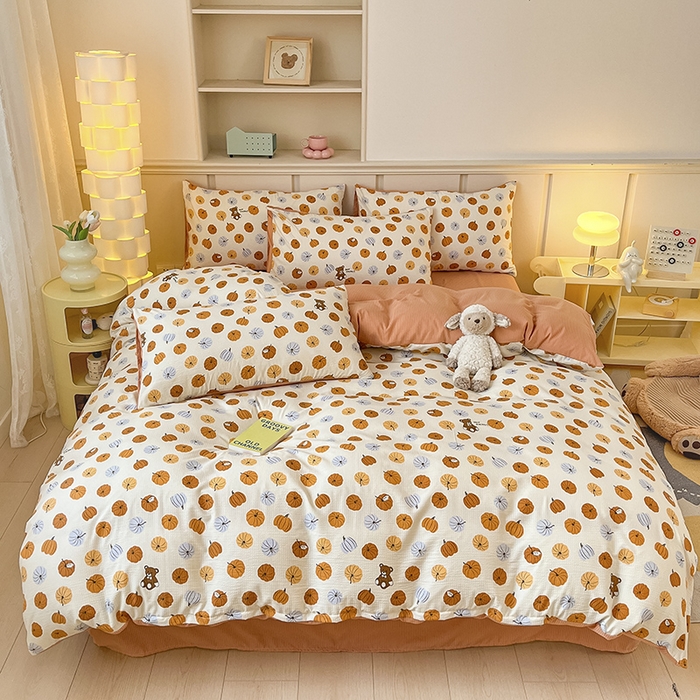 91家纺网 家纺一手货源 找家纺 梦之岛 2024新款A类母婴级泡泡棉皱皱纱碎花四件套 小南瓜