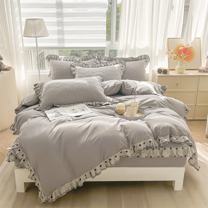 宜凡家纺 2024新品全棉夹棉花边床笠四件套-心情 心情 烟灰