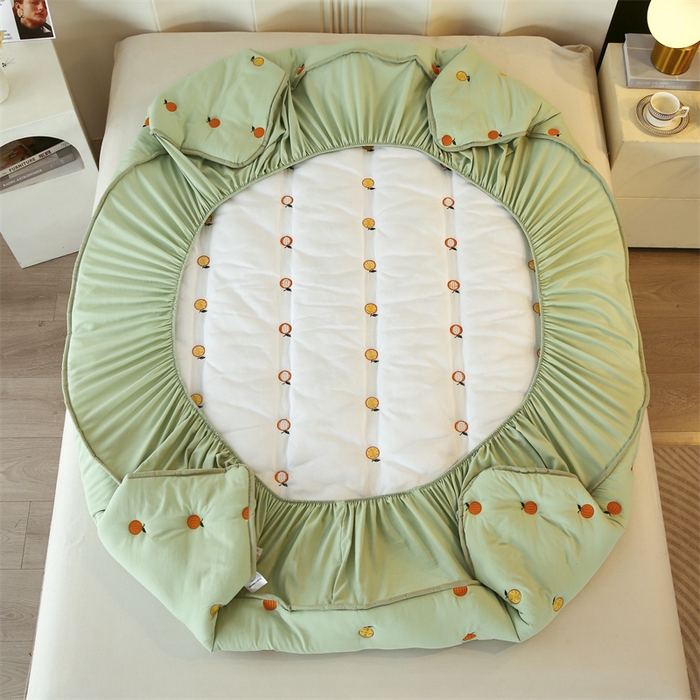 91家纺网 家纺一手货源 找家纺 贝拉梦家纺 2024直播新款A类刺绣水洗棉床褥式大豆夹棉床笠 橙子-气泡绿