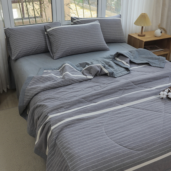 91家纺网 家纺一手货源 找家纺 柠萌 新款全棉色织水洗棉棉花夏被四件套里外全棉夏凉被 宽双线冷灰