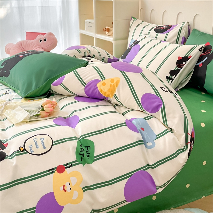 91家纺网 家纺一手货源 找家纺 呗旺鹿  2024新款舒适亲肤全棉40支大平网定位枕萌趣印花卡通四件套 猫咪精灵