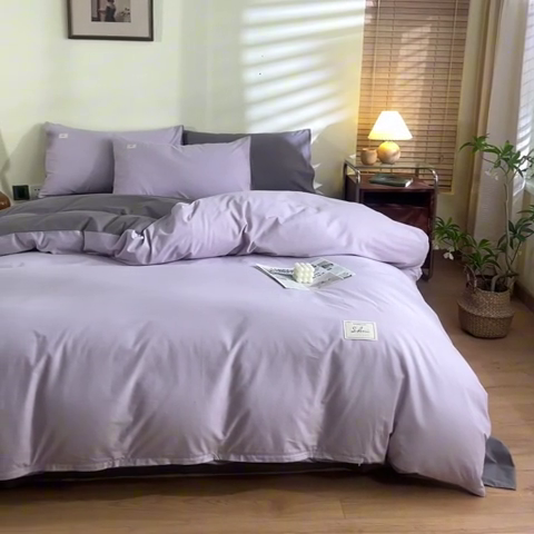 91家纺网 家纺一手货源 找家纺 ab家纺 2024新款40支全棉水洗棉双拼四件套 香芋紫深灰