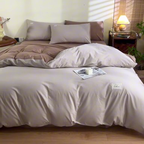 91家纺网 家纺一手货源 找家纺 ab家纺 2024新款40支全棉水洗棉双拼四件套 淡奶油咖