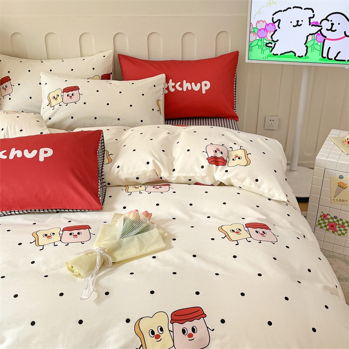 91家纺网 家纺一手货源 找家纺 呗旺鹿  2024新款舒适亲肤全棉40支大平网定位枕萌趣印花卡通四件套 蜜糖吐司