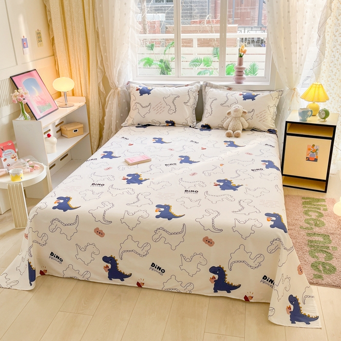 91家纺网 家纺一手货源 找家纺 铭成家纺 2024新款新疆棉喷气印花小清新系列单床单 面包龙