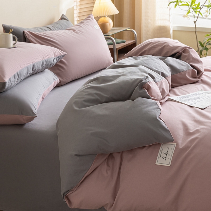 91家纺网 家纺一手货源 找家纺 ab家纺 2024新款40支全棉水洗棉双拼四件套 豆沙深灰