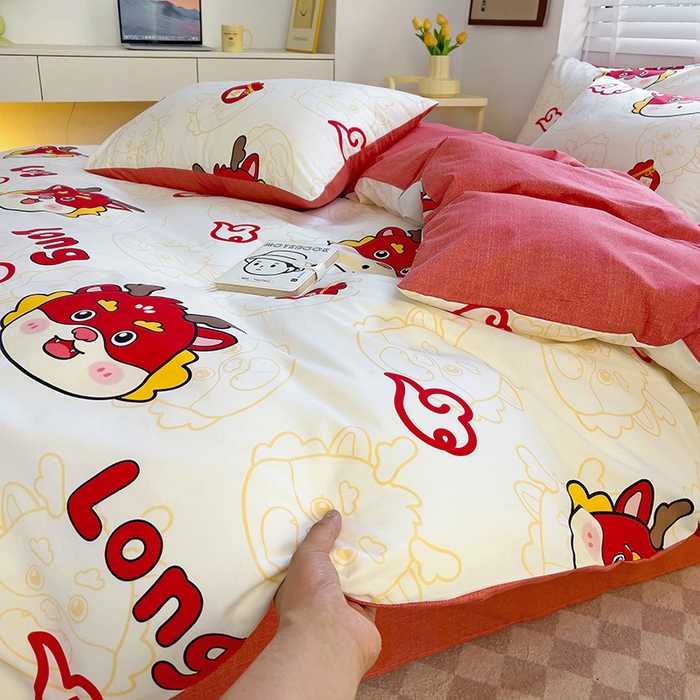 91家纺网 家纺一手货源 找家纺 西引力 2024新款全棉卡通印花单被套 开运龙 白