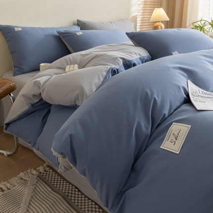 ab家纺 2024新款40支全棉双拼四件套 宾利蓝浅灰