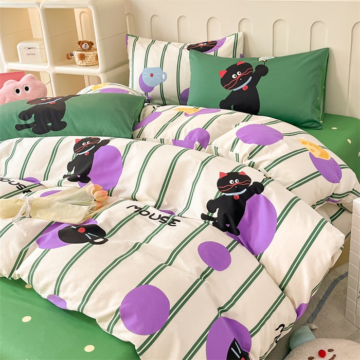 91家纺网 家纺一手货源 找家纺 呗旺鹿  2024新款舒适亲肤全棉40支大平网定位枕萌趣印花卡通四件套 猫咪精灵