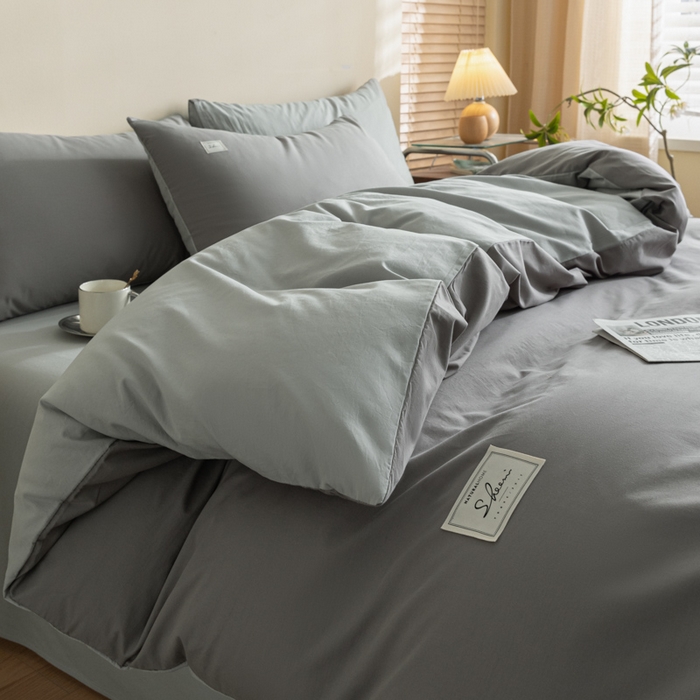 91家纺网 家纺一手货源 找家纺 ab家纺 2024新款40支全棉水洗棉双拼四件套 深灰浅灰
