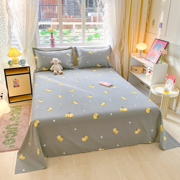 91家纺网 家纺一手货源 找家纺 铭成家纺 2024新款新疆棉喷气印花小清新系列单床单 神秘南瓜-灰