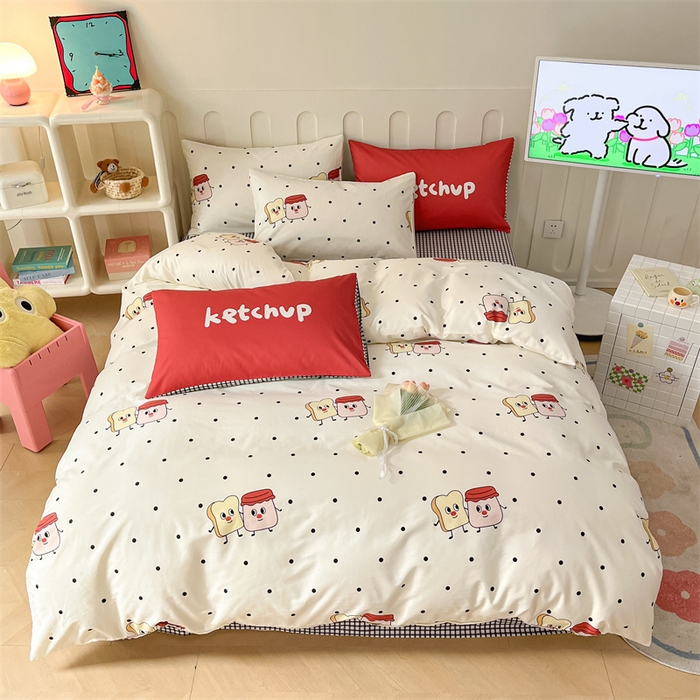 91家纺网 家纺一手货源 找家纺 呗旺鹿  2024新款舒适亲肤全棉40支大平网定位枕萌趣印花卡通四件套 蜜糖吐司