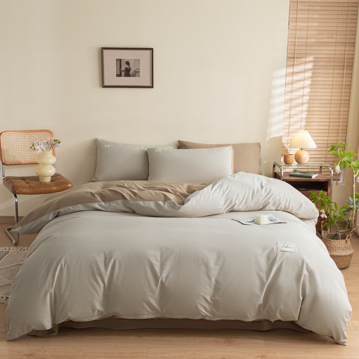 91家纺网 家纺一手货源 找家纺 ab家纺 2024新款40支全棉水洗棉双拼四件套 米-咖