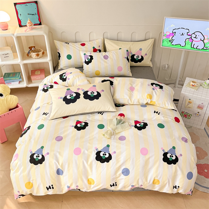 91家纺网 家纺一手货源 找家纺 呗旺鹿  2024新款舒适亲肤全棉40支大平网定位枕萌趣印花卡通四件套 彩色煤球