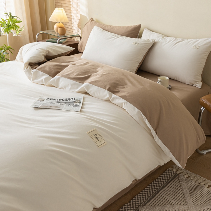 91家纺网 家纺一手货源 找家纺 ab家纺 2024新款40支全棉水洗棉双拼四件套 淡奶油咖