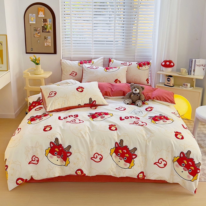 91家纺网 家纺一手货源 找家纺 西引力 2024新款全棉卡通印花单被套 开运龙 白