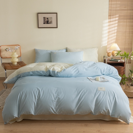 91家纺网 家纺一手货源 找家纺 ab家纺 2024新款40支全棉水洗棉双拼四件套 天空蓝杏黄