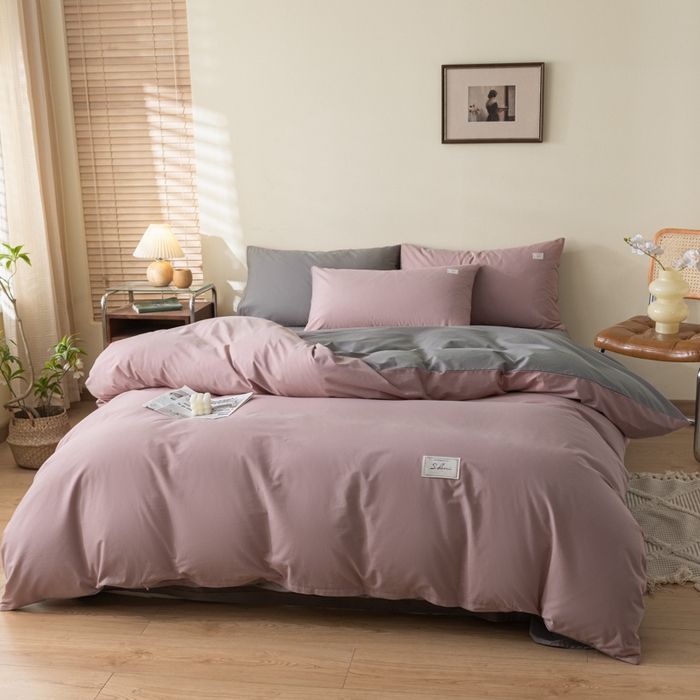 91家纺网 家纺一手货源 找家纺 ab家纺 2024新款40支全棉水洗棉双拼四件套 豆沙深灰