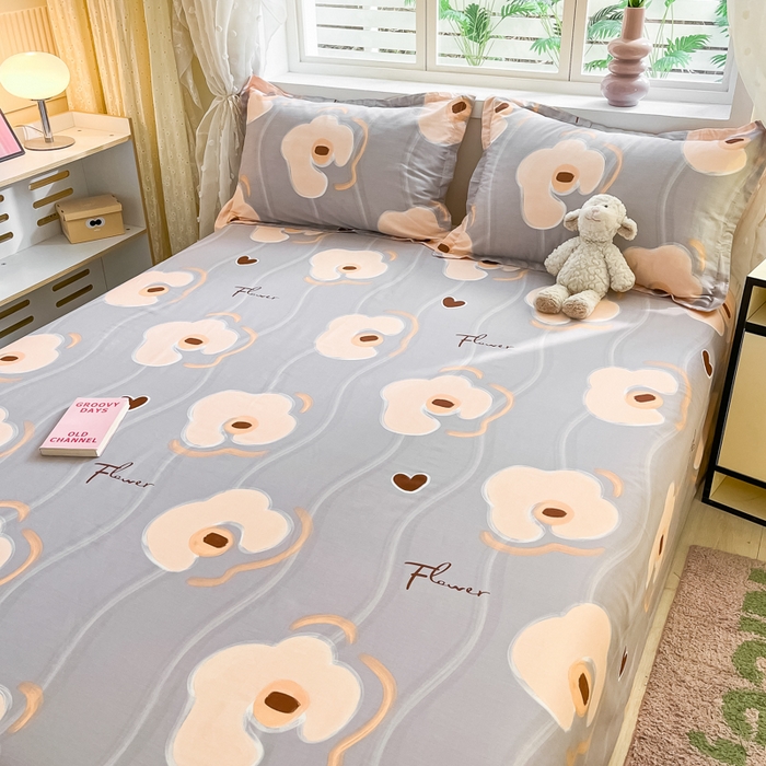 91家纺网 家纺一手货源 找家纺 铭成家纺 2024新款新疆棉喷气印花小清新系列单床单 梦甜-灰