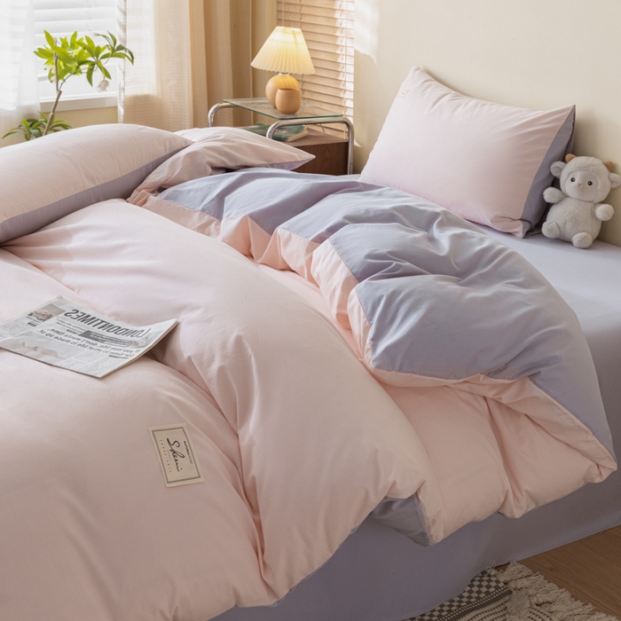 91家纺网 家纺一手货源 找家纺 ab家纺 2024新款40支全棉水洗棉双拼四件套 微微粉香芋紫