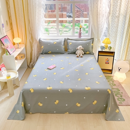 91家纺网 家纺一手货源 找家纺 铭成家纺 2024新款新疆棉喷气印花小清新系列单床单 神秘南瓜-灰