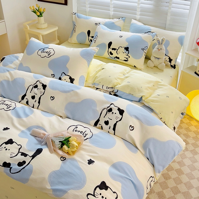 91家纺网 家纺一手货源 找家纺 西引力 2024新款全棉卡通印花单被套 奶牛猫 