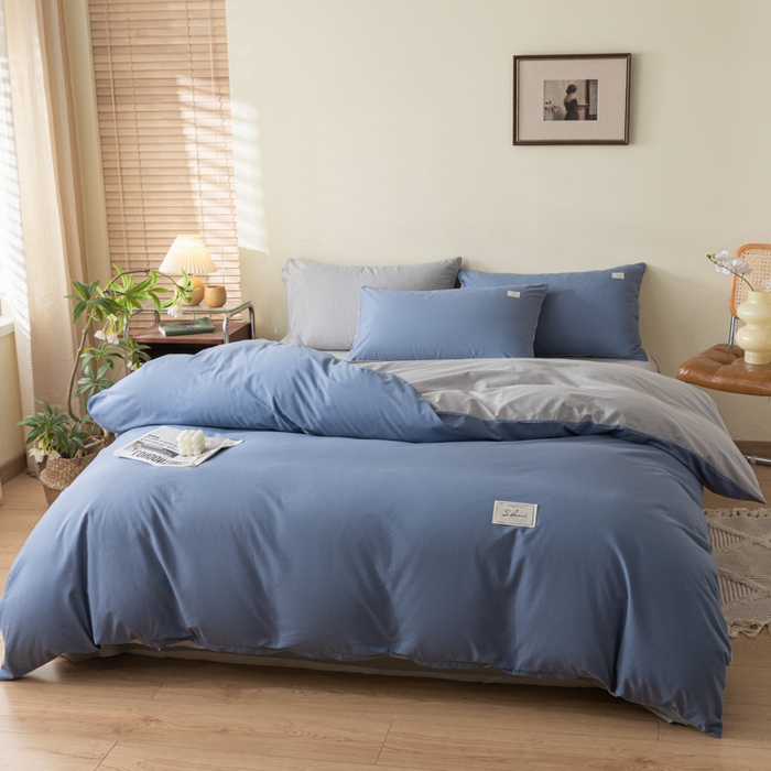 91家纺网 家纺一手货源 找家纺 ab家纺 2024新款40支全棉水洗棉双拼四件套 宾利蓝浅灰