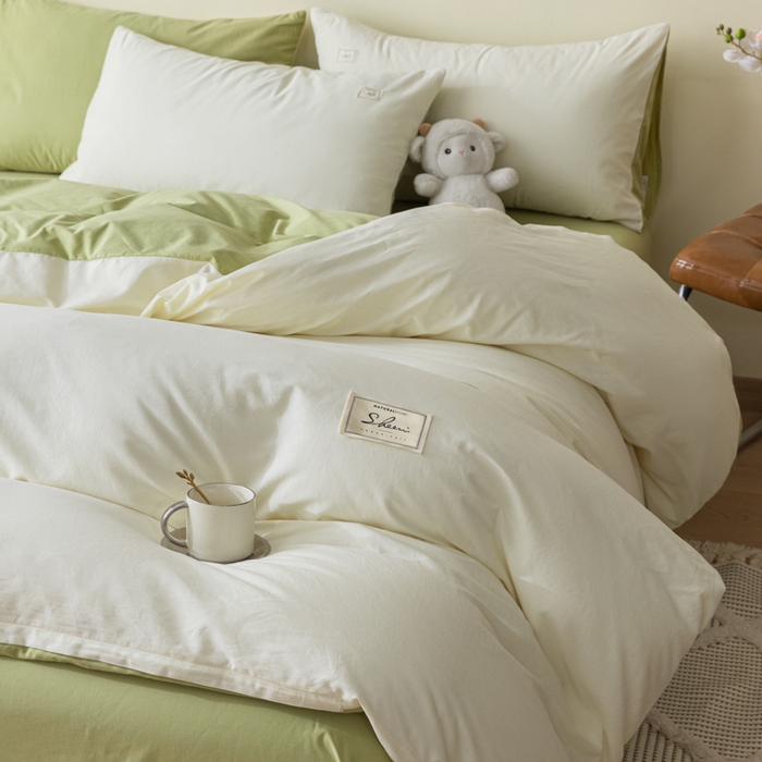91家纺网 家纺一手货源 找家纺 ab家纺 2024新款40支全棉水洗棉双拼四件套 杏黄橄榄绿