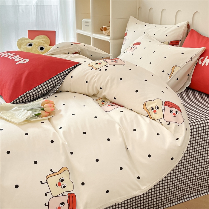 91家纺网 家纺一手货源 找家纺 呗旺鹿  2024新款舒适亲肤全棉40支大平网定位枕萌趣印花卡通四件套 蜜糖吐司