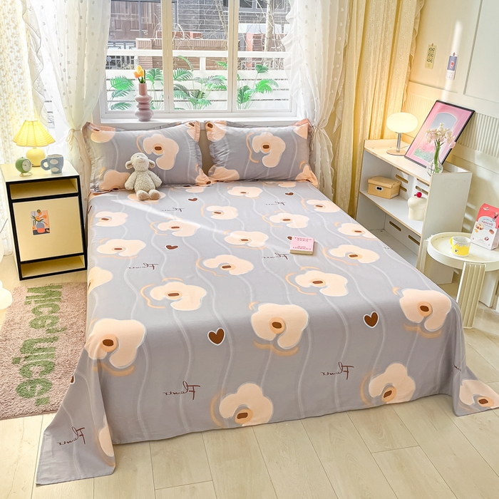 91家纺网 家纺一手货源 找家纺 铭成家纺 2024新款新疆棉喷气印花小清新系列单床单 梦甜-灰