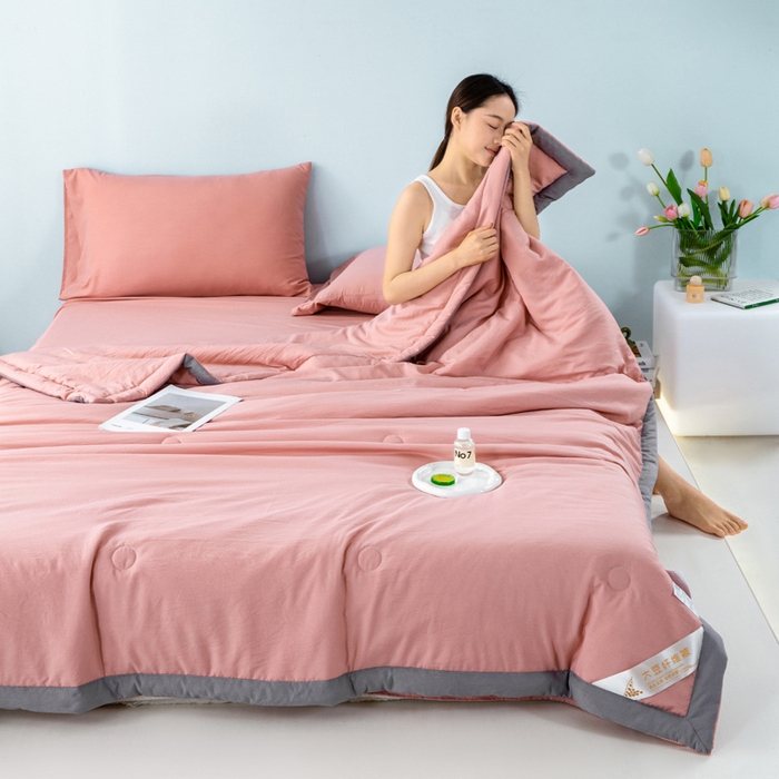 91家纺网 家纺一手货源 找家纺 森林人 2024新款A类水洗棉大豆纤维夏被四件套 豆沙