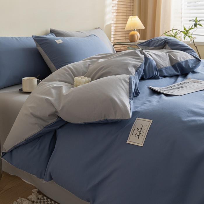 91家纺网 家纺一手货源 找家纺 ab家纺 2024新款40支全棉水洗棉双拼四件套 宾利蓝浅灰