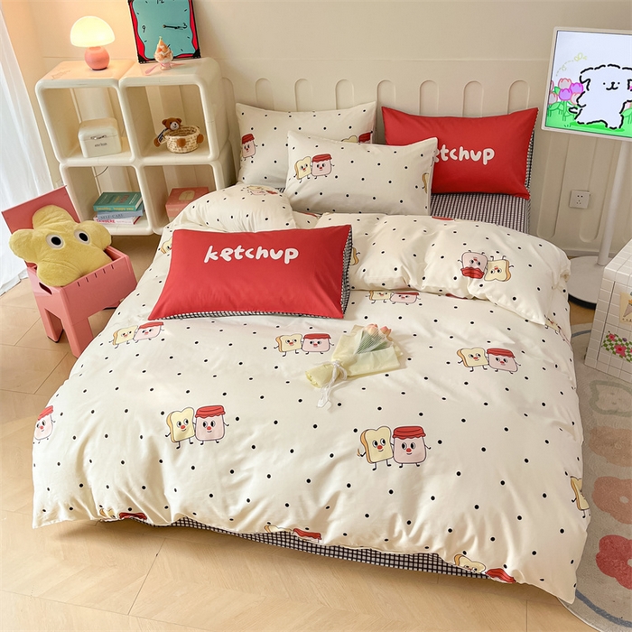 91家纺网 家纺一手货源 找家纺 呗旺鹿  2024新款舒适亲肤全棉40支大平网定位枕萌趣印花卡通四件套 蜜糖吐司