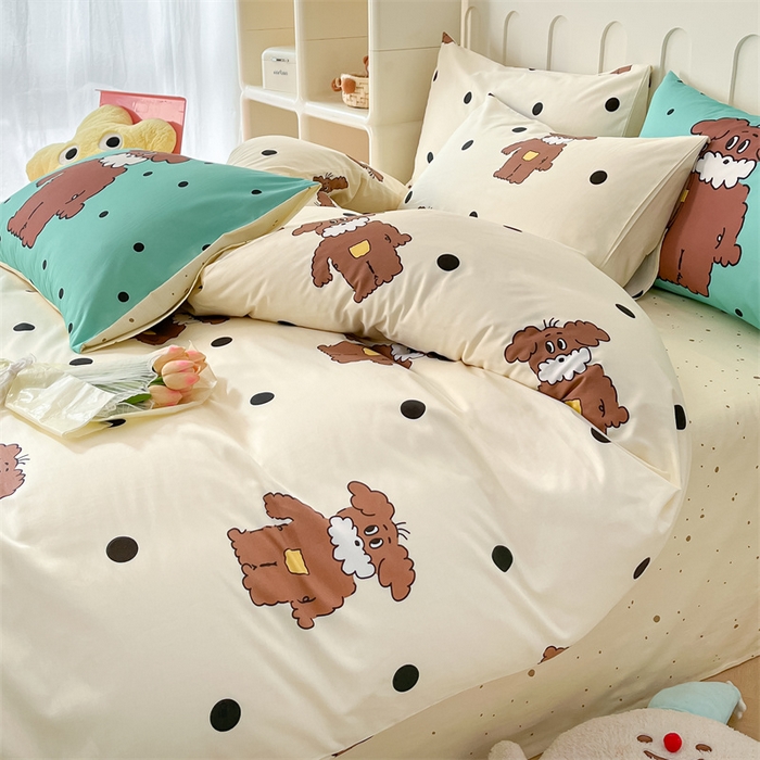 91家纺网 家纺一手货源 找家纺 呗旺鹿  2024新款舒适亲肤全棉40支大平网定位枕萌趣印花卡通四件套 尤克里