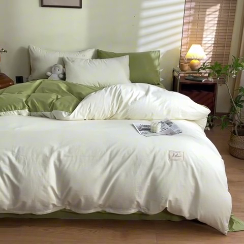 91家纺网 家纺一手货源 找家纺 ab家纺 2024新款40支全棉水洗棉双拼四件套 杏黄橄榄绿