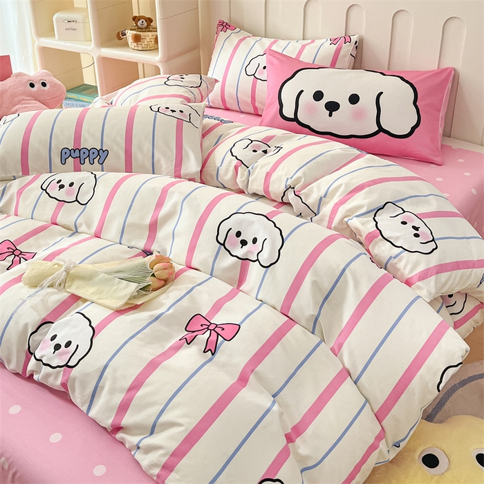 91家纺网 家纺一手货源 找家纺 呗旺鹿  2024新款舒适亲肤全棉40支大平网定位枕萌趣印花卡通四件套 小白狗