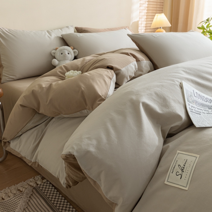 91家纺网 家纺一手货源 找家纺 ab家纺 2024新款40支全棉水洗棉双拼四件套 米-咖