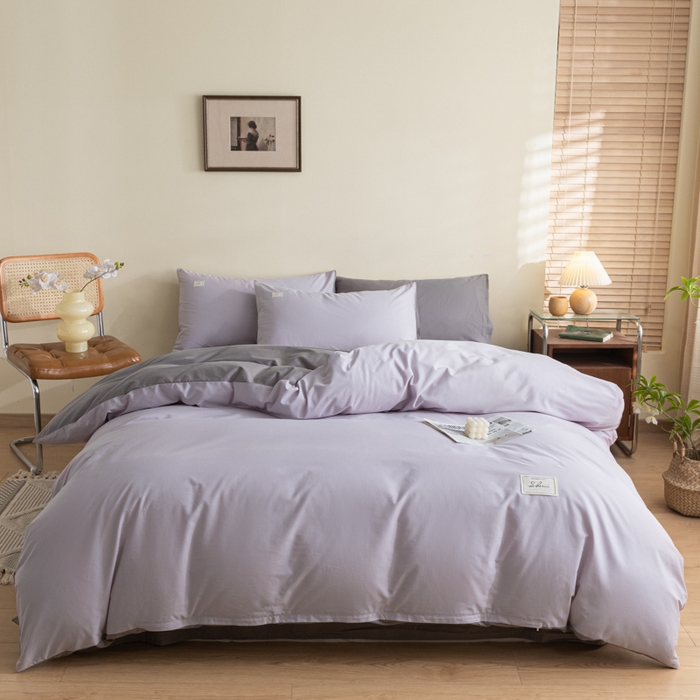 91家纺网 家纺一手货源 找家纺 ab家纺 2024新款40支全棉水洗棉双拼四件套 香芋紫深灰