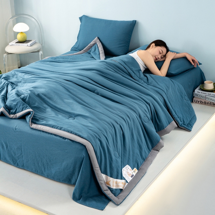 91家纺网 家纺一手货源 找家纺 森林人 2024新款A类水洗棉大豆纤维夏被四件套 宾利蓝